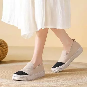 fashion Slip On Shoes For Women Round Toe Mixed Colors Female Footwear Casual Sneaker Loafers With Fur Knitting Flats Platform Leopard 35(Foot22.5cm) абрикосовый