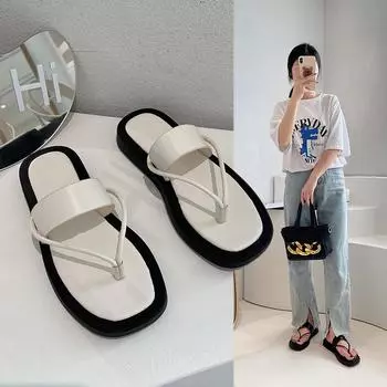 Fashion Slippers Casual Shoes Slides Slipers Women Platform Cover Toe Rubber Flip Flops Low Luxury 2024 Summer Hawaiian Flat Basic PU 35 бежевый
