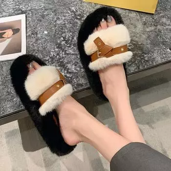 Fashion Slippers Women s Eyelet Buckled Fluffy Winter Slippers Winter Lady Thick Bottom Shoes Thick Flat Bottom Outerwear Plush Slippers 35 хаки