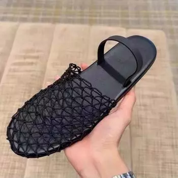 Модные тапочки, женская обувь, летние сандалии, сетчатые плоские мюли, черные, повседневные, сексуальные, на низком каблуке, удобные, босиком, 2024, новые трендовые, с широким носком 35 чёрный