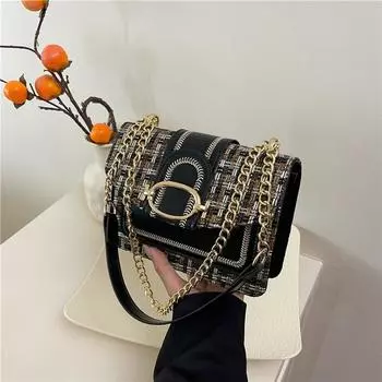 Fashion small bag women s 2025 summer new plaid embroidery thread shoulder bag light luxury versatile messenger bag chain bag чёрный