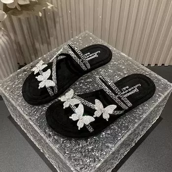 Fashion Small Fragrant Style Butterfly Cool Slippers for Women s Summer 2024 New Exquisite Water Diamond with Skirt Flat Bottom Slippers 35 серебряный