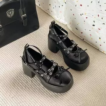 Fashion small leather shoes retro thick heel platform Mary Jane shoes women s new spring and summer shallow mouth with skirt single shoes 35