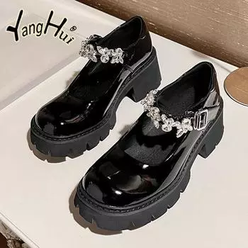 Fashion Small Leather Shoes Women s College Style Summer 2024 New Style Rhinestone Thick Soles Thick Heels Premium Mary Jane Pumps 34