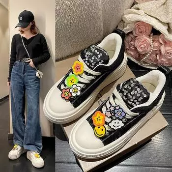 fashion Smiley Flower Thick Sole Casual Women s Shoes Fashion Women s Shoes Canvas Women s Sneakers 2024 Fashion Trend 35 чёрный