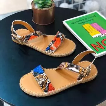 fashion Snake Print Sandals Women 2024 New Ankle Strap Flat Sandals Buckle Comfortable Women s Shoes Fashion Casual Open Toe Sandals 36 чёрный