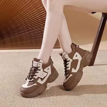 Fashion Sneakers Women Casual Shoes New 2025 Fashion Height Increasing Thick Bottom Platform Sports Shoes Leather Woman Chunky Sneakers 35 коричневый