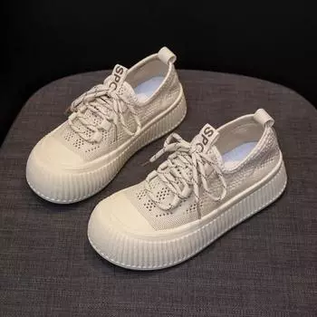 Модные кроссовки женские тенденции 2024 года женская обувь Flyknit весна новая дышащая сетчатая повседневная обувь круглый носок легкая мягкая подошва 35 бежевый