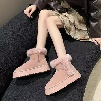 Модные зимние сапоги для женщин 2024 года, новые женские сапоги длиной до щиколотки, с круглым носком, на среднем каблуке, однотонные, короткие, из хлопка, для женщин 35 розовый