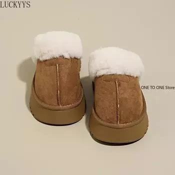 Fashion Snow Boots Fur Slippers Women Winter Plush Sandals Luxury Slip on Platform Slides Female Thick Sole Designer Cotton Home Shoes 35 хаки