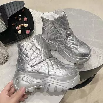 Fashion Snow Boots Women Waterproof Keep Warm Plush Platform Shoes Female Lace Up Mid-Calf Boots Winter Shoes Botas Femininas 35 серебряный