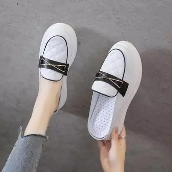 Fashion Soft Leather Platform Sandals Mid Heel Slip on Slides Wedges Women Mules Shoes Fashion Casual Summer Slingback Female Slippers 35 белый