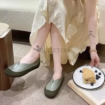 Fashion Soft Leather Women Shoes Lace-up Sneakers Retro Luxury Handmade Stitching Moccains Ladies Round Toe Boat Zapotas De Mujer 35 хаки