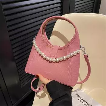 Fashion Solid Design PU Bag High-Grade Sense Pearl Chains Portable Small Bucket Pack Female Korean Version Commuter Handbag