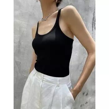 Fashion Spaghetti Straps Knitted Tops Tight White Spaghetti Strap I-Shaped American Vest for Women Inner Wear Base Outwear Autumn Summer Black S