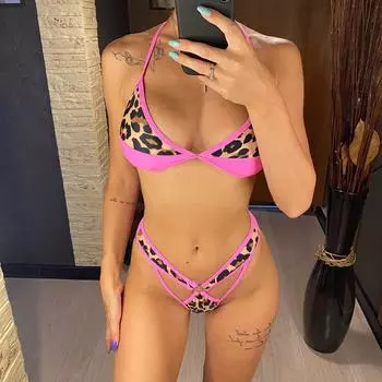 мода Сращивание леопардовый принт вырезанный бикини женский купальник женский купальник из двух частей комплект бикини купальный костюм купальник леди S розовый
