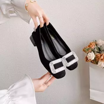 fashion Spring 2024 women’s outer shoes Korean style Metallic crystal design soft black high heels Ladies Casual Mary Jane Shoes 35 чёрный