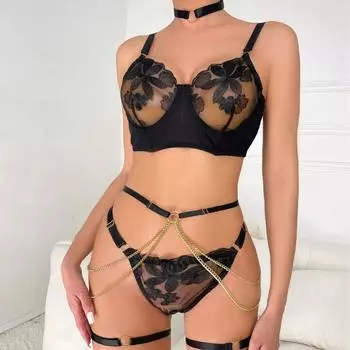Мода Весна 2025 новый вышитый металлический цепочный сексуальный комплект нижнего белья из пяти предметов с кольцами для ног и воротниками корректирующее белье S