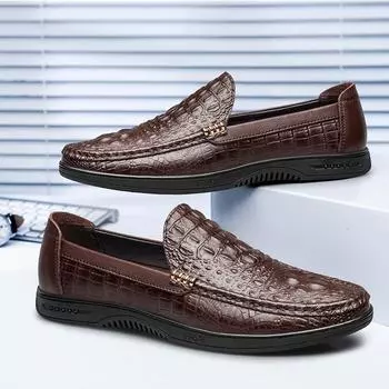 Fashion Spring and Autumn Crocodile Pattern Luxury Leather Shoes Men Loafers Wear Business Casual Shoes Simple and Comfortable Moccasin 38 коричневый