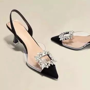 мода весна и осень мода новые сексуальные банкетные удобные прозрачные однотонные туфли с острым носком женские туфли на высоком каблуке 35 чёрный