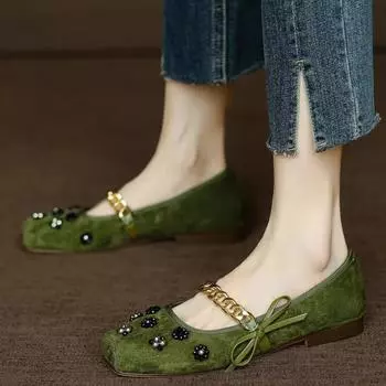 Модные весенние и осенние женские туфли с квадратным носком, однотонные, светло-водные, украшенные бриллиантами, банты, женские туфли без застежек на плоской подошве 35 абрикосовый