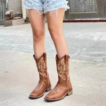 Fashion Spring and Autumn Hot-selling High-quality Women s Boots Fashion Color Matching Sleeves Square Toe Low Heel Women s High Boots 35 коричневый