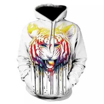 Fashion Spring and Autumn Splash Ink Tiger 3D Printing Funny Hoodie Pullover Sleeve Streetwear Sweatshirt L