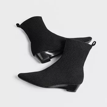 Модные женские ботильоны весна-осень Модные короткие ботинки с острым носком Большие размеры Нескользящая резиновая подошва Вязаные носки Сапоги 34