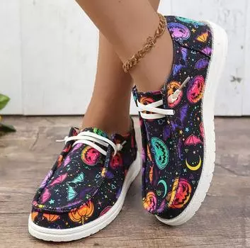 Fashion Spring and Autumn Women s Casual Sneakers New Halloween Pumpkin Pattern Canvas Shoes Women s Comfortable Lace-up Flat Shoes 43 36 фиолетовый