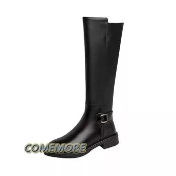 Fashion Spring Andautumn Leather Long Boots Female Fashion Shoes for Women s Knee High Boot Black Designer Luxury Comfortable Low Heels 35 чёрный