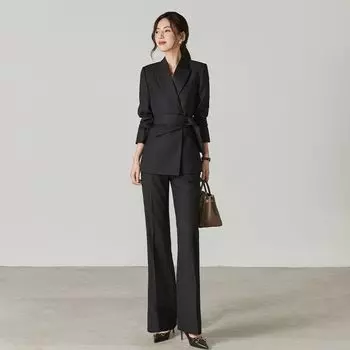 Fashion Spring, Autumn and Winter New Elegant Black Belt Suit Outwear Handsome Business Ol Suit Bell-Bottom Pants Suit Women Black S