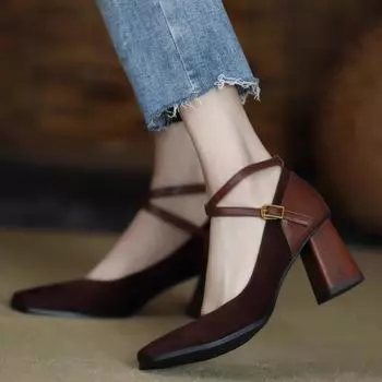 Fashion Spring Autumn Designer Shoes Fashion Square Toe Thick Heel Retro Matte Sexy Trendy Cross Buckle Women s Shoes Zapatos De Mujer 34 чёрный