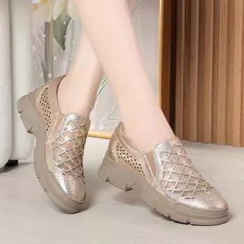 fashion Spring Autumn Soft Leather Soft Sole Comfortable Low Heel Shoes Round Toe Breathable Casual Slip-on Hollow Mother Sneaker 35(Foot22.5cm)