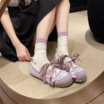 Fashion Spring Autumn Women Double Bowknot Buckle Lace Up Mary Jane Shoes Fashion Elegant Ladies Round Toe Shallow Flats Ballet Shoes 35 серый