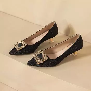 модные женские туфли на высоком каблуке весна осень жемчужная цепочка декоративные заостренные тонкие каблуки темперамент универсальные туфли на высоком каблуке большие размеры 35-43 35 чёрный