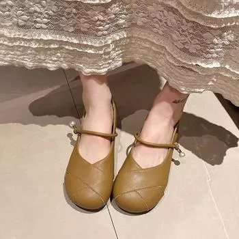 fashion Spring/autumn Women s Pumps Round Toe Low Heel Shoes for Women Outdoor Shallow Dress Mary Jane Shoes Slip on Square Heel Pumps 35 бежевый