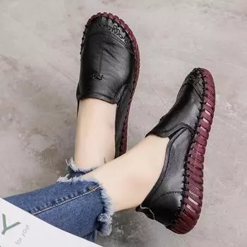 fashion Spring Ladies Genuine Leather Handmade Shoes Women Hook &Loop Flat Shoes Women 2024 Autumn Soft Loafers Flats fgb5 5 чёрный