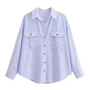 Fashion Spring Leisure Blended Stripes Long Sleeves Linen Blue stripes XS