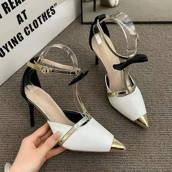 Fashion Spring New High-heeled Shoes for Women with Bow One-line Buckle Metal Braid Toe Sandals Pointed Thin Heels for Women 35 грязно-белый