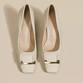Fashion Spring New Square Head Thick Heels Women s Shallow Mouth Buckle Single Shoes Professional Shoes High Heels 34 бежевый