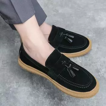 Fashion Spring New Tassel Loafers Men Matte Leather Soft Brown Casual Moccasin Men s Shoes Slip-on Leather Shoes Driving Classic Loafers 38 чёрный