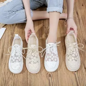 Fashion Spring Summer Embroidered Mesh Casual Breathable Cutout Lace-Up Solid Cover Heel Shallow Flat Mesh Shoes 39