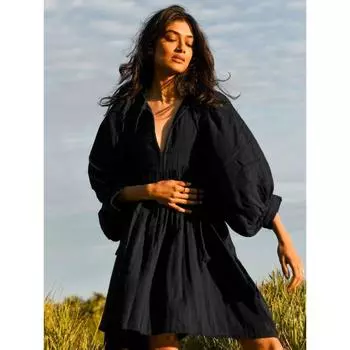 Модное весенне-летнее женское большое свободное платье с рукавами-фонариками в повседневном стиле для милой свежей девушки S чёрный