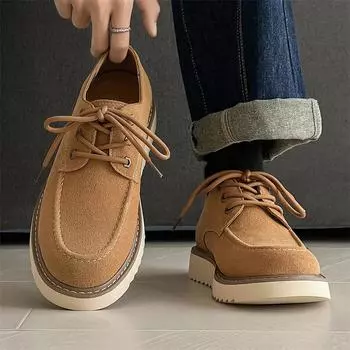 Fashion Spring Thick Soled Oxford Shoes Men s Lace Up Outdoor Casual Shoes Cow Suede Sports Classic Round Toe Comfortable Low Top Shoes 38 хаки