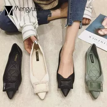 Fashion Square Buckle flats woman ballerina pointed toe slip on loafers pu leather shoes women solid all-match moccasins big size 40-43 5 абрикосовый