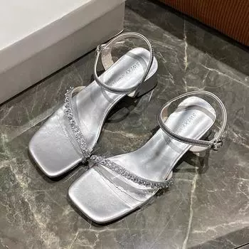 Fashion Square Head Sandals Women s Summer New Open-toed Rhinestones with Fashion Temperament High Heels 34 серебряный