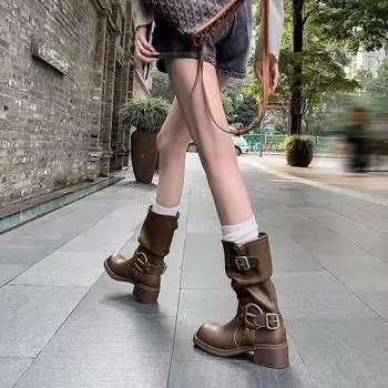 fashion Square Heel Women Western Cowgirl Boots Fashion Belt Buckle Shoes Retro Style Autumn Winter Ladies Knight Mid Calf Booties 35 коричневый