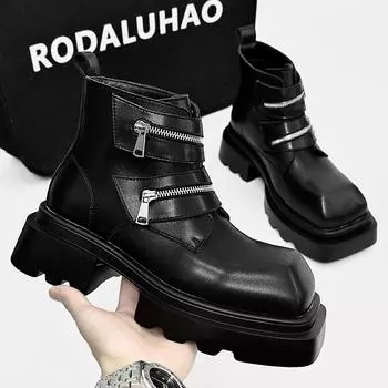 Модные черные мужские ботинки с квадратным носком, суперзвездные высокие кожаные туфли дерби, мужские ботинки на платформе, уличные ботинки челси для мужчин 38