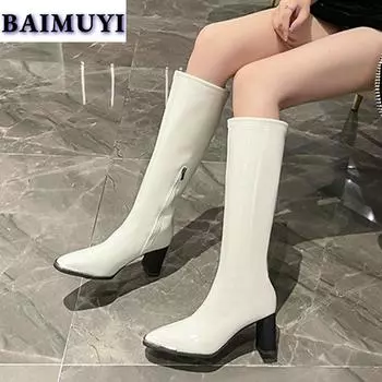 мода Квадратный Носок Высокие Каблуки Женская Обувь Сексуальные Сапоги до Колена Тренд 2025 Бренд Мода Молния Панк Челси Ботинки Выпускные Туфли Mujer Botas 35 чёрный