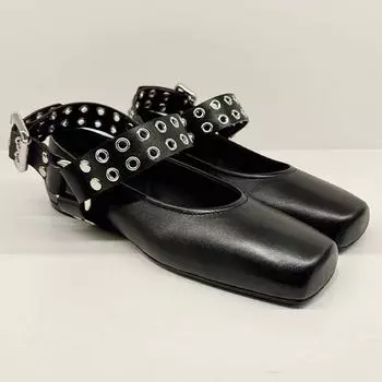 Fashion Square toe Rivet Metal buckle Women Ballet Flats Comfortable Soft Leather Mary Janes Boats Loafers Casual lazy Shoes 35